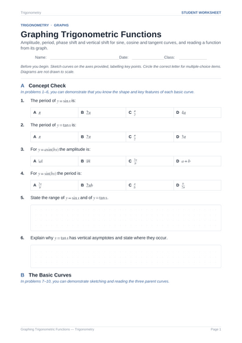Graphing Trigonometric Functions Practice & Key