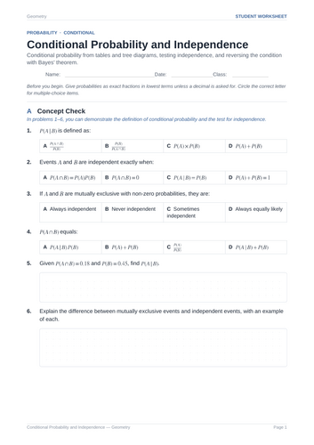 Conditional Probability and Independence Practice & Key