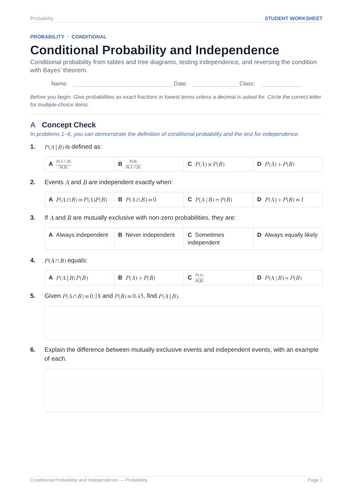 Conditional Probability and Independence Practice & Key