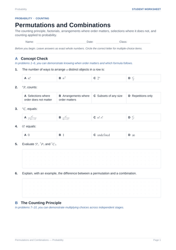 Permutations and Combinations Practice & Key