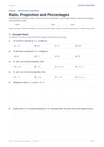 Ratio, Proportion and Percentages Practice & Key