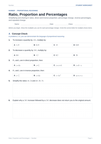 Ratio, Proportion and Percentages Practice & Key