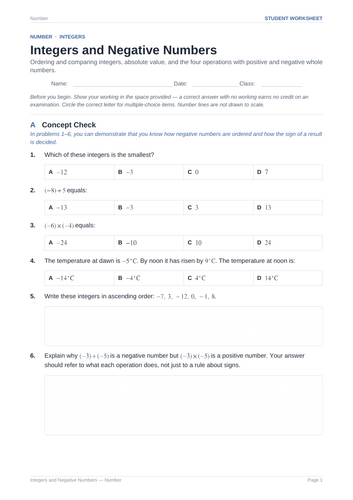 Integers and Negative Numbers Practice & Key