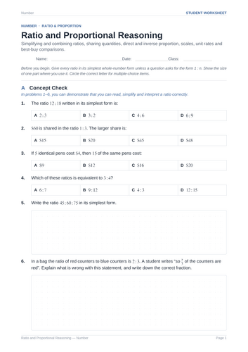 Ratio and Proportional Reasoning Practice & Key