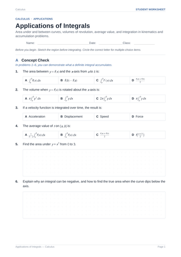 Applications of Integrals Practice & Key