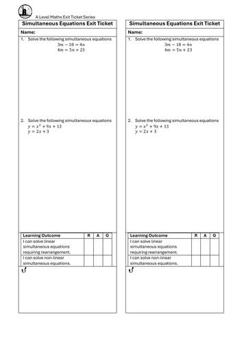 Simultaneous Equations Linear & Non-Linear Exit Ticket