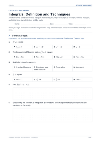 Integrals: Definition and Techniques Practice & Key
