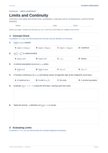 Limits and Continuity Practice & Key