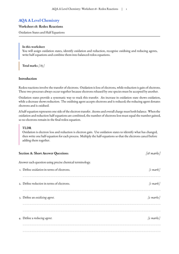 AQA A Level Chemistry Worksheets Chapter 3 - Energetics, Kinetics and ...
