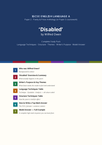Disabled by Wilfred Owen | Complete GCSE/IGCSE Poetry Study Pack | Colour-Coded