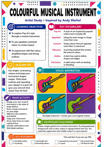 Andy Warhol Colourful Musical Instrument Pop Art Worksheet | KS3 Art ...