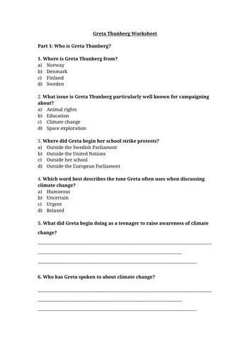 Non Fiction Greta Thunberg Worksheet
