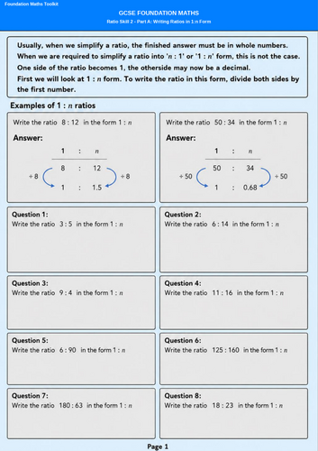 GCSE Foundation  Maths - Securing Grade 4 - Ratio Skill 2 - Simplifying ratios into n : 1 form