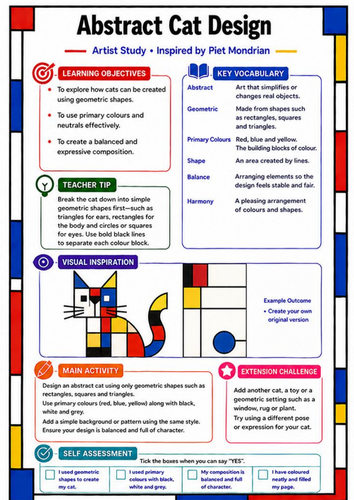Piet Mondrian Abstract Cat Design | KS3 Art Worksheet & Cover Lesson ...