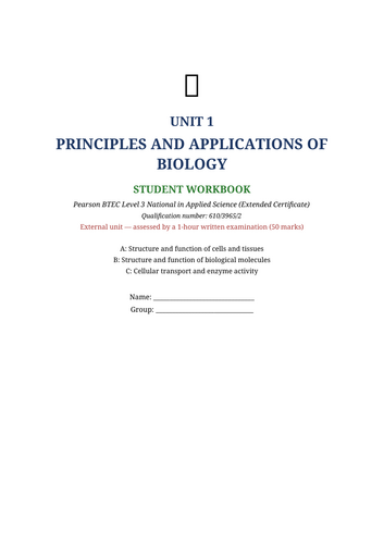 BTEC Applied Science Level 3 AAQ Unit 1 Biology | 39-Page Student Booklet | 2025