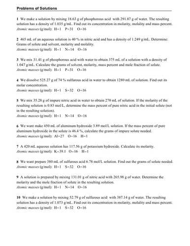 Advanced Chemistry Solution Concentration & Molarity Worksheet ...