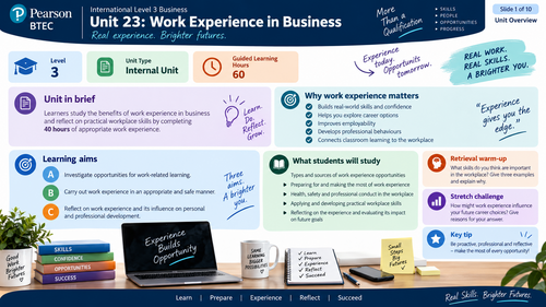 BTEC International Level 3 Business Unit 23 Work Experience in Business | Teaching Resource
