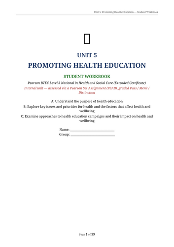 BTEC Health & Social Care Unit 5 Promoting Health Education | Student Booklet | Level 3 AAQ