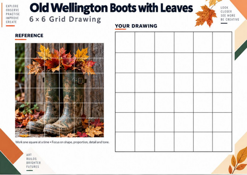 Old Wellington Boots with Autumn Leaves Grid Drawing | KS3 Art ...