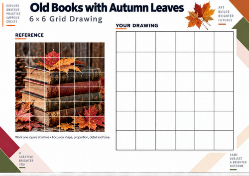 Old Books with Autumn Leaves Grid Drawing Worksheet | KS3 Art ...