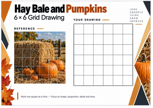 Hay Bale and Pumpkins Grid Drawing Worksheet | Autumn Harvest Art ...