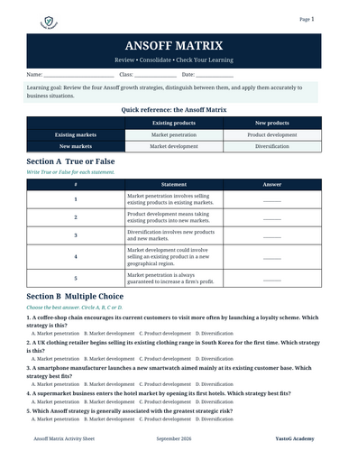 FREE Ansoff Matrix Activity Sheet | Edexcel A Level Business | Student ...
