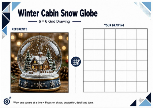 Winter Cabin Snow Globe Grid Drawing Worksheet | Winter Christmas Art ...