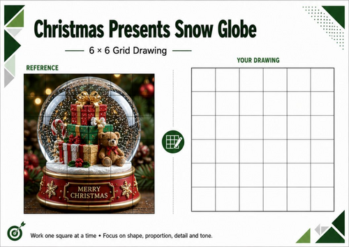 Christmas Presents Snow Globe Grid Drawing Worksheet | Christmas Art ...
