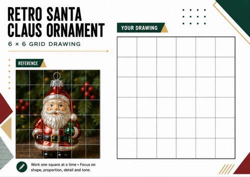 Retro Santa Claus Ornament Grid Drawing Worksheet | Christmas Art ...
