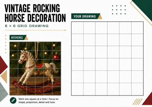 Vintage Rocking Horse Christmas Grid Drawing Worksheet | Festive Art ...
