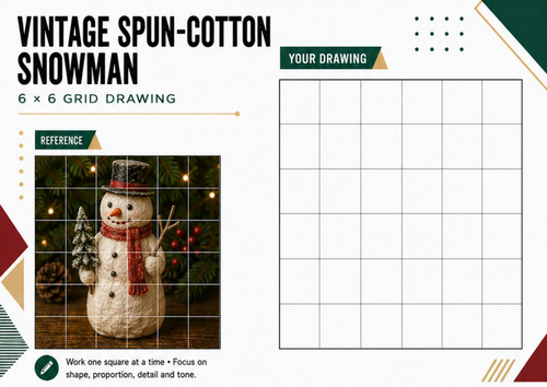 Vintage Spun-Cotton Snowman Grid Drawing Worksheet | Christmas Art ...