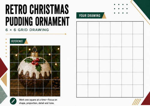 Retro Christmas Pudding Ornament Grid Drawing Worksheet | Festive Art ...