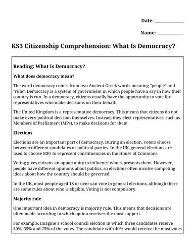 KS3 Citizenship Comprehension: What Is Democracy?