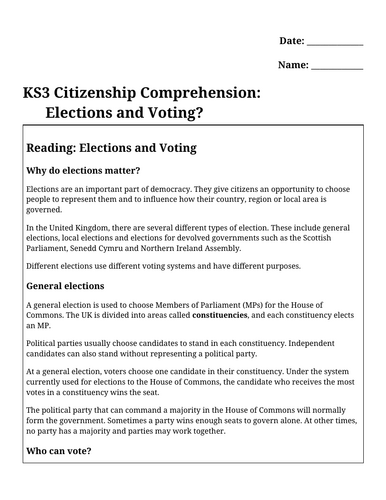 KS3 Citizenship Comprehension: Elections and Voting