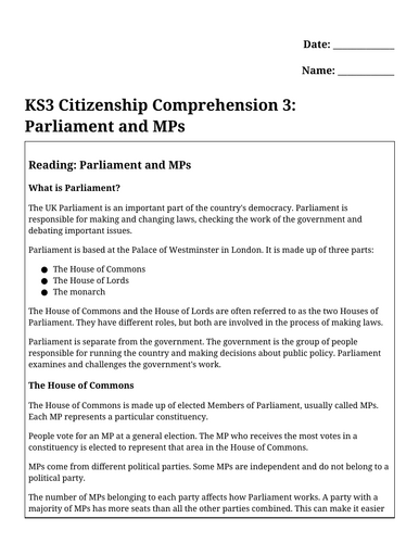 KS3 Citizenship Comprehension: Parliament and MPs