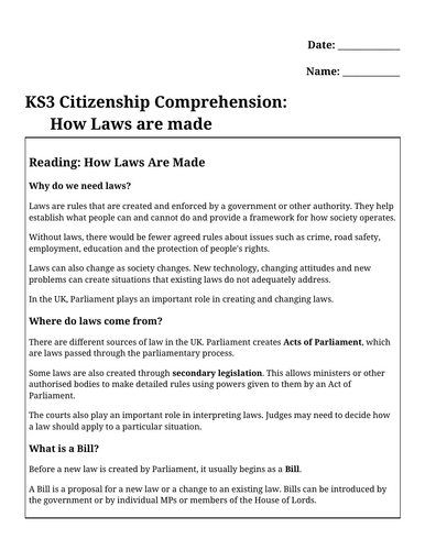 KS3 Citizenship Comprehension: How Laws Are Made