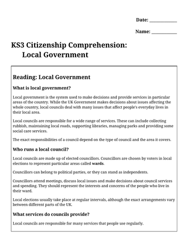 KS3 Citizenship Comprehension: Local Government