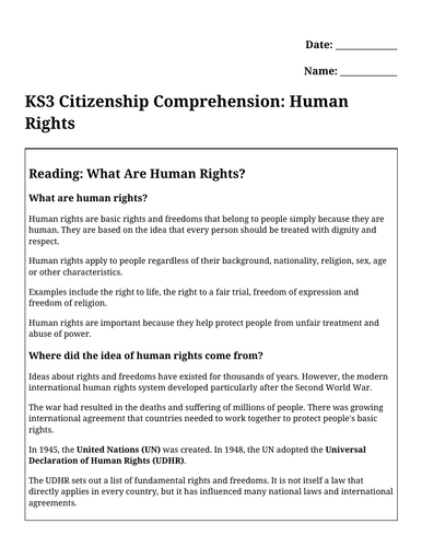 KS3 Citizenship Comprehension: Human Rights