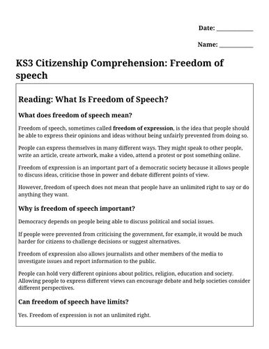 KS3 Citizenship Comprehension: Freedom of Speech
