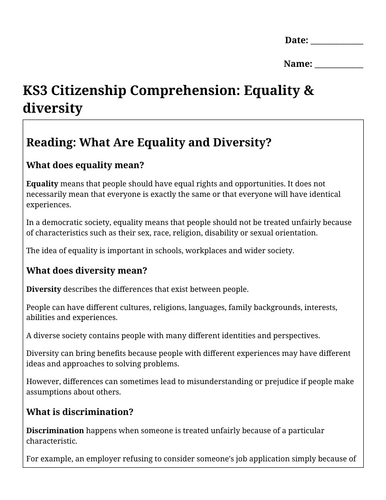 KS3 Citizenship Comprehension: Equality and Diversity