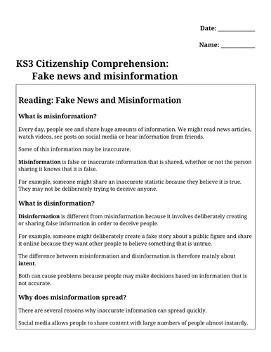 KS3 Citizenship Comprehension: Fake News and Misinformation