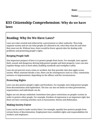 KS3 Citizenship Comprehension: Why Do We Have Laws?