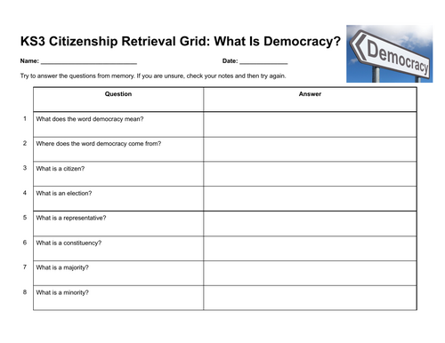 KS3 Citizenship Retrieval Grid: What Is Democracy?
