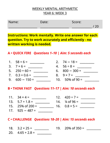 Year 6 Weekly Mental Maths - Mental Arithmetic Worksheet | Week 3