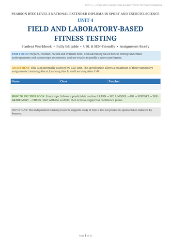 BTEC Level 3 Sport & Exercise Science Unit 4: Field & Laboratory Fitness Testing | Workbook