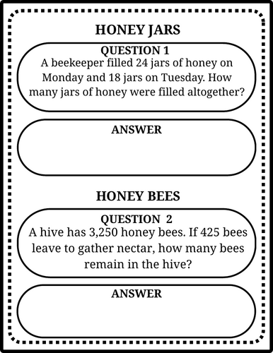 Honey Bee Math Word Problems | 40 Questions & Answers | Grades 2–8 ...