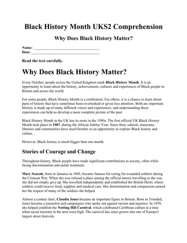 Black History Month UKS2 Comprehension | Reading Comprehension ...