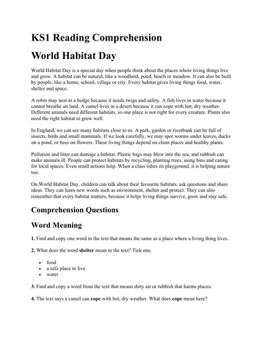 World Habitat Day KS1 Reading Comprehension | Updated for 2026-27 ...