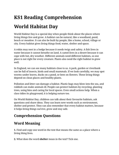 World Habitat Day KS1 Reading Comprehension | Updated for 2026-27 ...