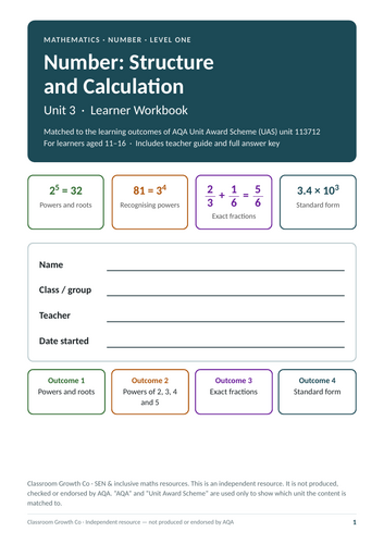AQA (UAS) 113712 Powers, Roots, Fractions and Standard Form Workbook ...